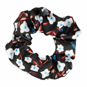 Haarelastiek Scrunchie – Bloemenprint – Gladde Stof – Wit Roze Zwart