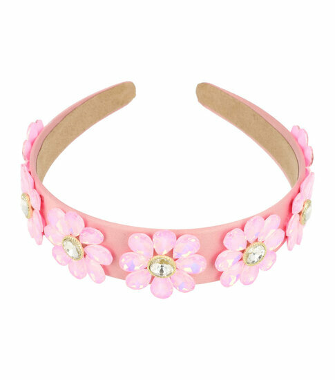 2110571841 Haarband Diadeem 4cm – Bloemvorm met Facetstenen – Gladde Stof – Roze