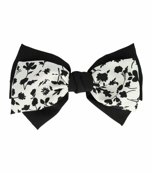 2110579707 Haarspeld Patentspeld Strik 18cm – Bloemenpatroon Stof – Wit/Zwart