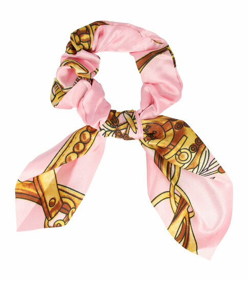 2110579716 Haarelastiek Scrunchie – Strik Kettingprint – Gladde Stof – Roze