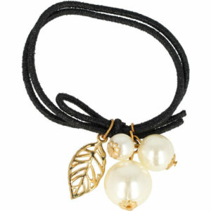2110580046 Haarelastiek – Parelkralen – Metalen Bladbedel - Zwart Wit Goud