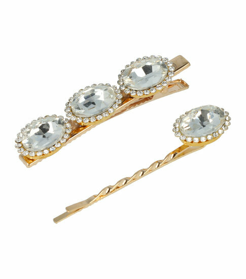 2110581636 Haarspeld Duckklem en Schuifspeldje 5,5cm – Facet Stenen – Zilver – Set van 2