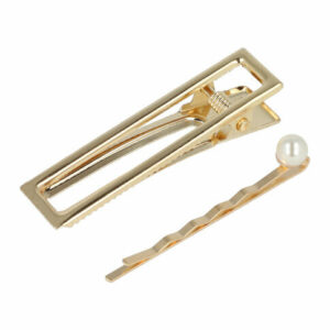 Haarspeld Duckklem en Schuifspeldje 6cm – Rechte Vorm en Parel – Goud – Set van 2