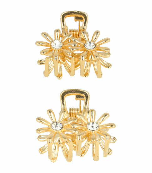 2110581924 Haarspeld Haarklemmen 2,5cm – Bloemenvorm met Steentjes – Metaal – Goud – Set van 2