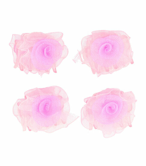 Haarspeld Haarklemmen 3cm – Roos Bloem – Chiffon Stof – Roze – Set van 4