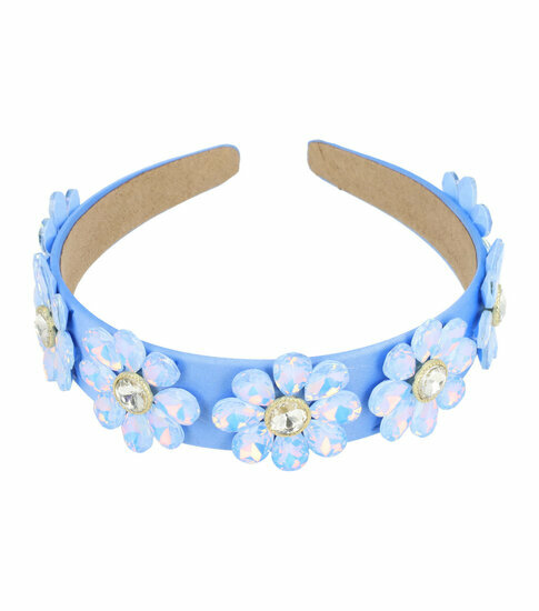 2110583718 Haarband Diadeem 4cm – Bloemvorm met Facetstenen – Gladde Stof – Blauw