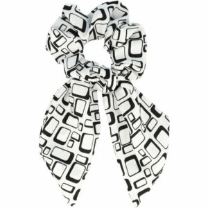 Haarelastiek Scrunchie – Grafische Print – 14cm Linten – Gladde Stof – Zwart Wit