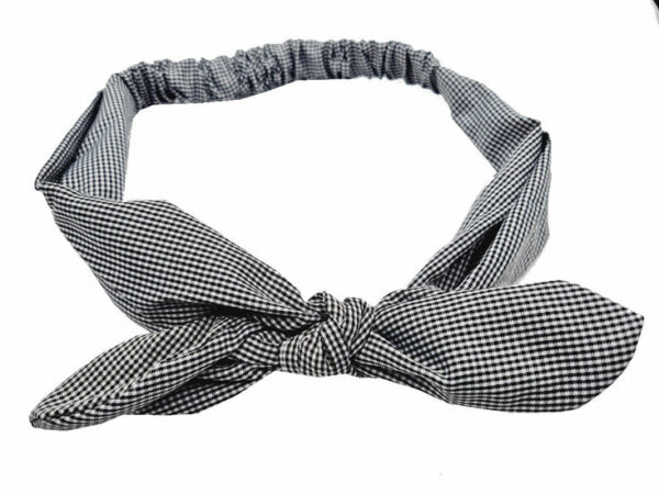 2110585713 Haarband Knoop 6cm – Strikje met IJzerdraad – Kleine Ruitprint – Gladde stof – Wit Zwart