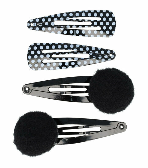 2110586949 Haarspeld Klikklak 4 cm - Pompom Stippen - Zwart - Set van 4