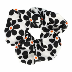 Haarelastiek Scrunchie – Bloemenprint – Gladde Stof – Wit Zwart