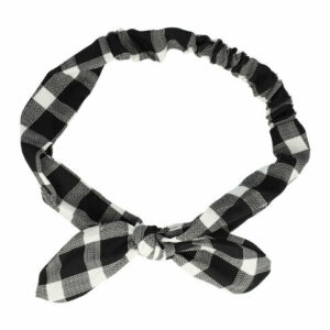 Haarband Knoop 6cm – Strikje met IJzerdraad – Grote Ruitprint – Gladde stof – Wit Zwart