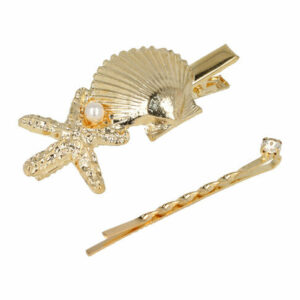 Haarspeld Duckklem en Schuifspeldje 6cm – Schelp Zeester met Parel en Steentje – Goud – Set van 2