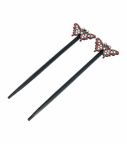 2110598088 Haarspeld haarpinnen - Haarstokjes vlinder glitter hout 18cm - Roze zwart - Set van 2
