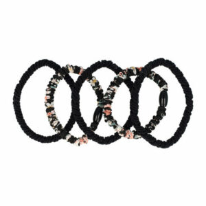 Haarelastieken basic - Ribbel bloemenprint - Zwart – Set van 5