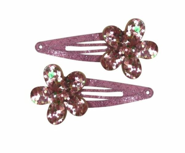 2110601220 Haarspeld Klikklak 5 cm - Glitter Bloem - Roze - Set van 2