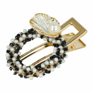 Haarspeld Duckklem 5cm – Cirkelvorm met Pareltjes & Steentjes – Wit Zwart