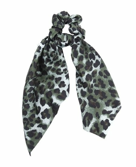 2110605333 Haarelastiek Scrunchie – Panterprint – 25cm Linten – Gladde Stof – Groen Bruin Zwart