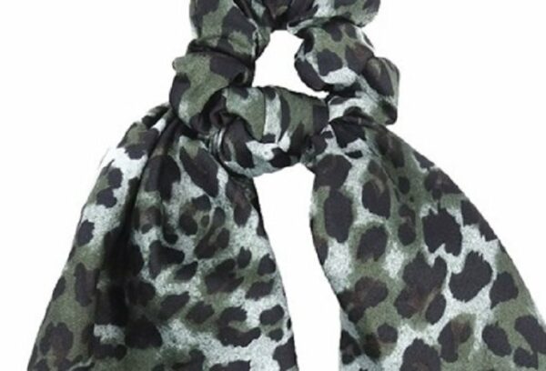 2110605336 Haarelastiek Scrunchie – Panterprint – 25cm Linten – Gladde Stof – Groen Bruin Zwart