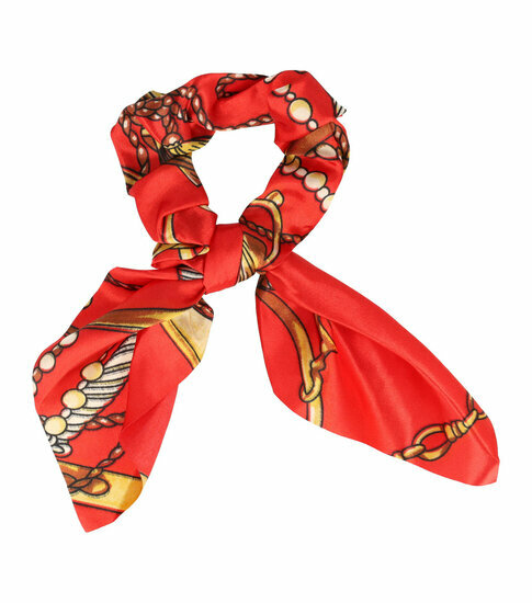 2110616094 Haarelastiek Scrunchie – Strik Kettingprint – Gladde Stof – Rood