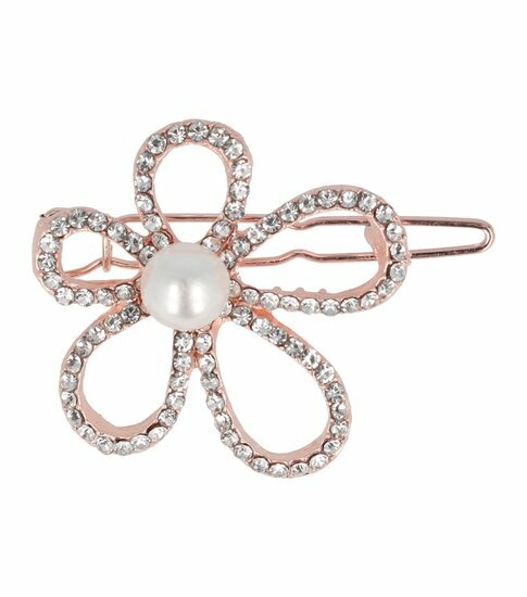 2110621659 Haarspeld Haarclip 3,5cm - Bloem Parel Strass Steentjes - Koper Zilver Wit