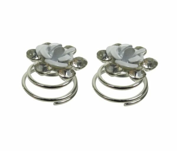Haarspeld curlies - Bloem strass steentjes 1cm - Wit zilver - Set van 2