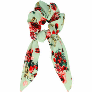 Haarelastiek Scrunchie – Glitter Roos Bloemenprint – 15cm Linten – Rood Groen