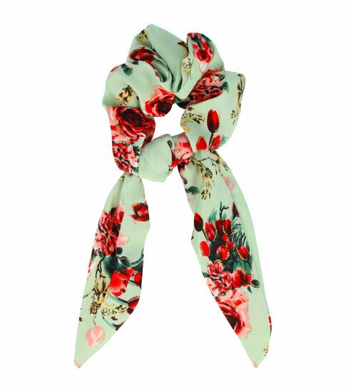 2110627791 Haarelastiek Scrunchie – Glitter Roos Bloemenprint – 15cm Linten – Rood Groen