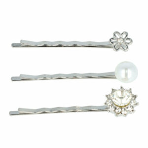 Haarspeld schuifspeldjes - Bloem parel strass 6cm - Zilver - Set van 3