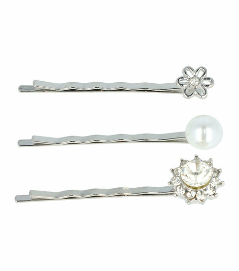 2110632090 Haarspeld schuifspeldjes - Bloem parel strass 6cm - Zilver - Set van 3