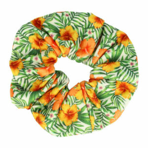 Haarelastiek Scrunchie – Bloemenprint – Gladde Stof – Oranje Geel Groen