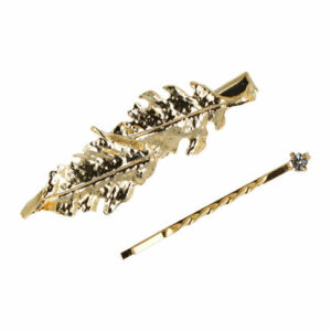 Haarspeld Duckklem en Schuifspeldje 6,5cm – Bladvorm en Strass Steentje – Goud – Set van 2