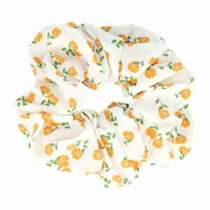 Haarelastiek Scrunchie – XL Bloemenprint – Gladde Stof – Wit Oranje
