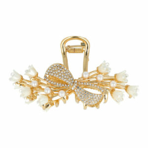 Haarspeld Haarklem 11cm –Strik Bloemvorm met Steentjes en Paretjes – Metaal – Goud
