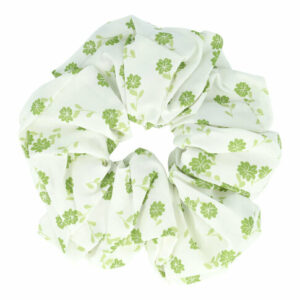 Haarelastiek Scrunchie – XL Bloemenprint – Gladde Stof – Wit Groen