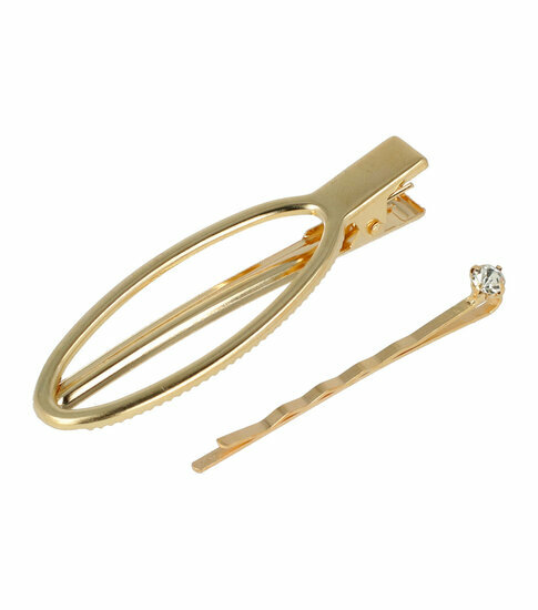 2110639563 Haarspeld Duckklem en Schuifspeldje 7cm – Ovale Vorm en Steentje – Goud – Set van 2