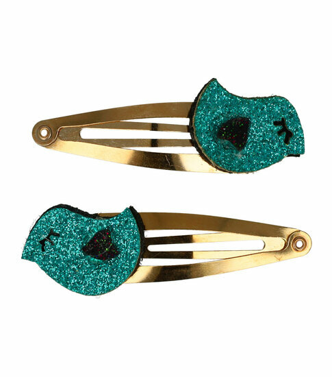 2110643223 Haarspeld Klikklak 5 cm - Glitter Vogel - Groen Goud - Set van 2