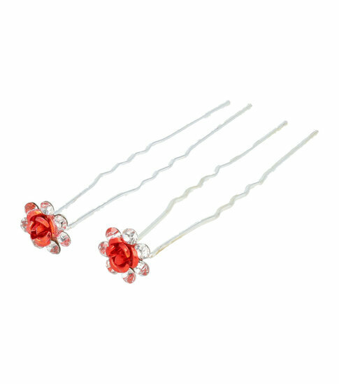 2110643274 Haarspeld haarpinnen - Bloem strass steentjes - Rood zilver - Set van 2