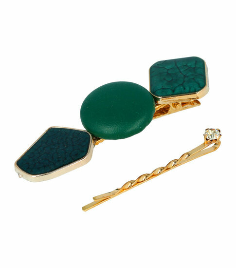 2110643352 Haarspeld Duckklem en Schuifspeldjes 8cm – Vierkant & Cirkel – Goud Groen – Set van 2