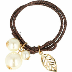 2110643439 Haarelastiek – Parelkralen – Metalen Bladbedel - Donkerbruin Wit Goud
