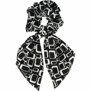 Haarelastiek Scrunchie – Grafische Print – 14cm Linten – Gladde Stof – Wit Zwart