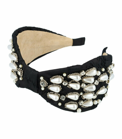 2110681641 Haarband Diadeem 8cm – Statement – Parelkralen & Strass Steentjes – Handmade – Zwart
