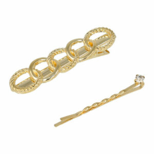 Haarspeld Duckklem en Schuifspeldje 6cm – Ketting Cirkelvorm en Steentje – Goud – Set van 2