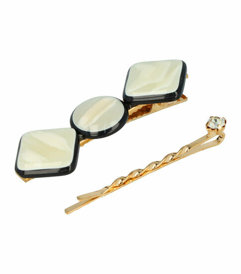 2110723077 Haarspeld Duckklem en Schuifspeldjes 6cm – Cirkel & Vierkant – Goud Creme – Set van 2