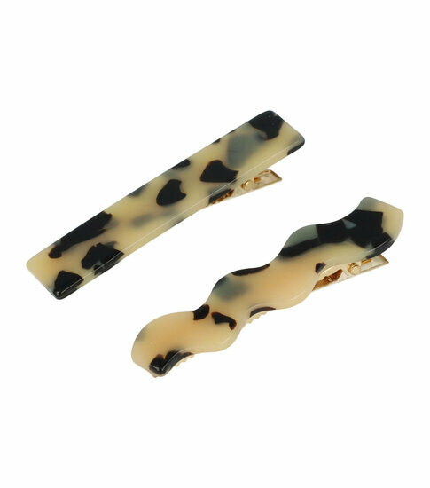 2110723173 Haarspeld Duckklemmen 6,5cm – Recht & Wave Marmerprint – Zwart Beige – Set van 2