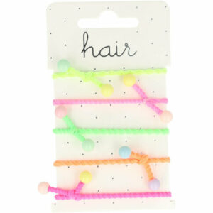 2110727343 Haarelastieken – Dun Ribbel-Elastiek – Knoop & Kralen – Neonkleuren - Set van 5