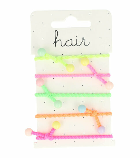 2110727343 Haarelastieken – Dun Ribbel-Elastiek – Knoop & Kralen – Neonkleuren - Set van 5