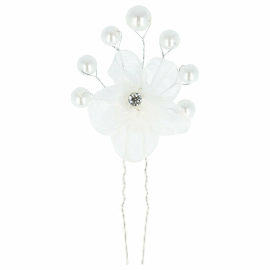2110727760 Haarspeld Haarpin - Bloem voile stof parels - Wit zilver