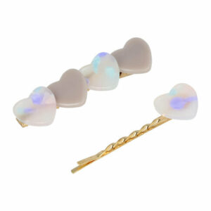 Haarspeld Duckklem en Schuifspeldje 6cm – Parelmoer Hartjes – Wit Grijs – Set van 2