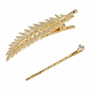 Haarspeld Duckklem en Schuifspeldje 7cm – Veervorm en Steentje – Goud – Set van 2