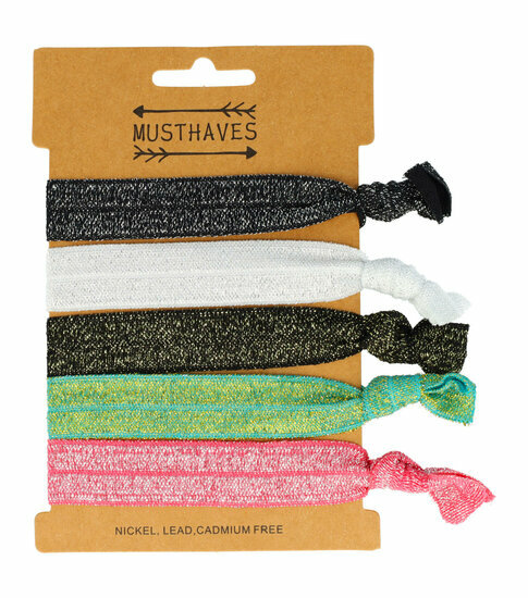 2110759122 Haarelastieken - Hair Tie glitter armband - Zwart wit groen roze - Set van 5